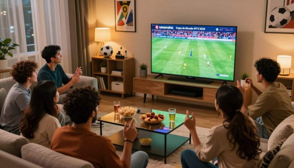 Famille regardant la Coupe du Monde 2026 en streaming grâce à l'IPTV